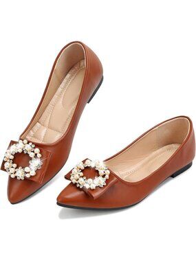 Women's 02-Brown Pointed Toe Pearl Flats Comfort Non Slip Soft Sole Office Shoes